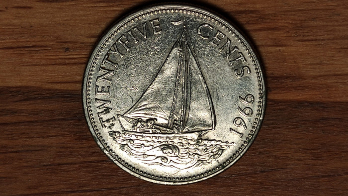 Bahamas - moneda de colectie exotica - 25 cents 1966 barca panze - superba !