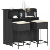 vidaXL Set mobilier bar de grădină cu perne, 3 piese, negru, poliratan