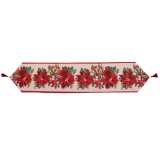 Traversa de masa pentru craciun, flippy, napron, din material tricotat cu tesatura groasa, model flori rosii, cu colt si ciucure, 173x34x0.2 cm, alb/