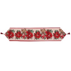 Traversa de masa pentru craciun, flippy, napron, din material tricotat cu tesatura groasa, model flori rosii, cu colt si ciucure, 173x34x0.2 cm, alb/