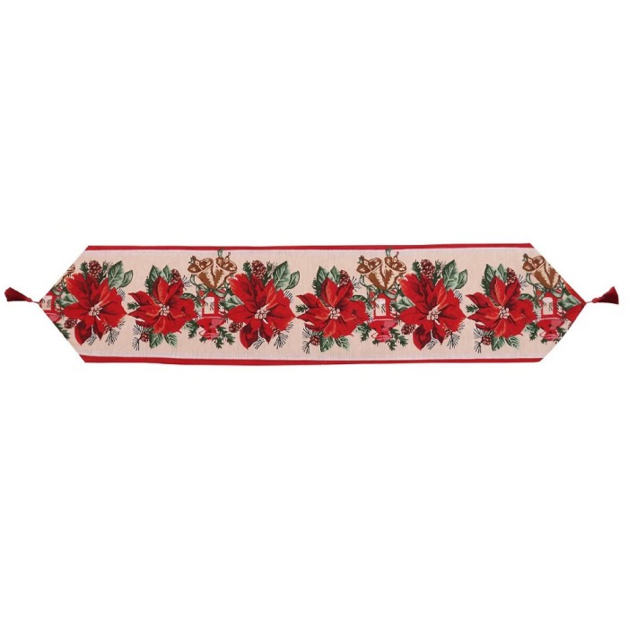 Traversa de masa pentru craciun, flippy, napron, din material tricotat cu tesatura groasa, model flori rosii, cu colt si ciucure, 173x34x0.2 cm, alb/