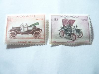 2 Timbre Monaco 1961 - Masini de epoca ,val. 0,01 si 0,03c foto