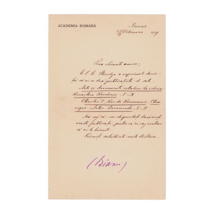 Ion Bianu, scrisoare olografă, 1909