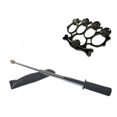 Set baston telescopic flexibil argintiu, maner cauciuc, 47 cm si box craniu negru