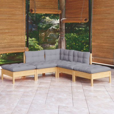 Set mobilier gradina cu perne gri, 5 piese, lemn masiv de pin foto
