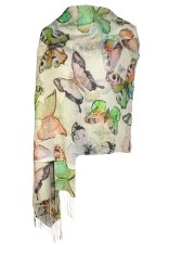 Esarfa cu fluturi din material tip casmir, Dacali, verde deschis, 185 x 75 cm