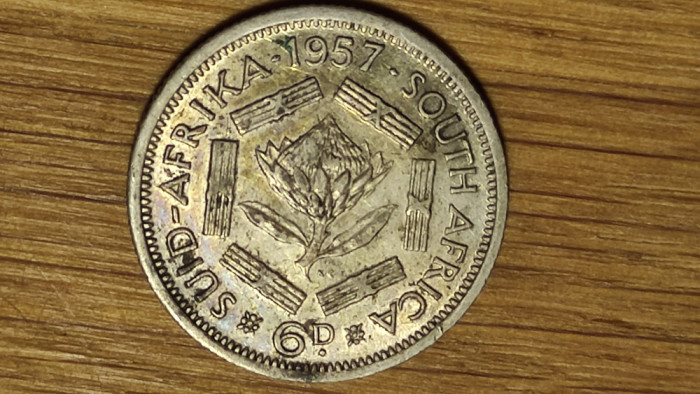 Africa de sud -moneda de colectie argint - 6 pence 1957 -Elisabeta- stare f buna