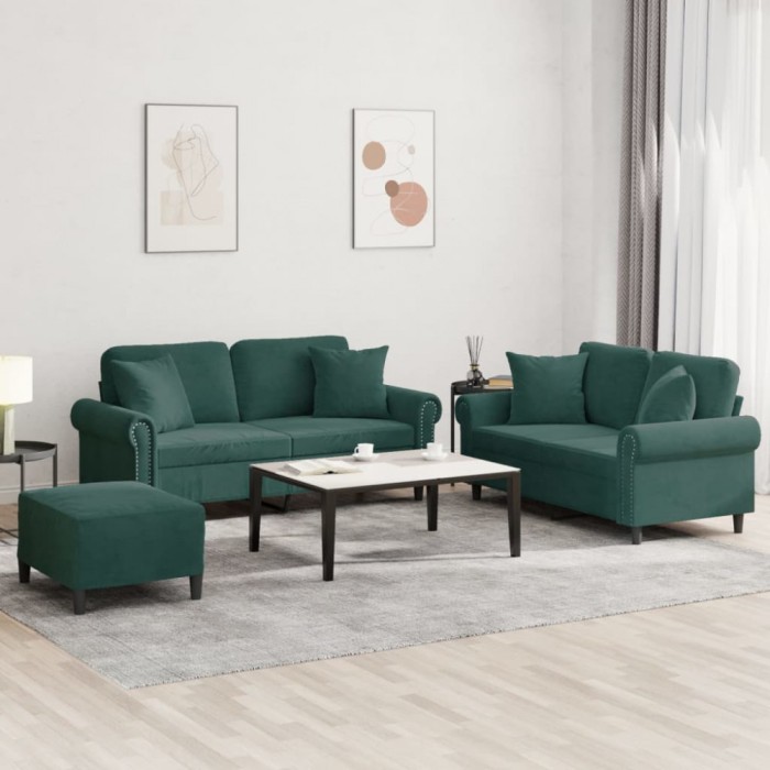 vidaXL Set canapea cu perne, 3 piese, verde &icirc;nchis, catifea 3202242