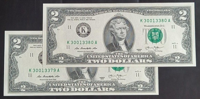 S.U.A., 2 x 2 Dolari 2013, UNC, Consecutive.