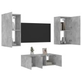 vidaXL Unități TV de perete cu LED-uri 4 piese gri beton lemn compozit