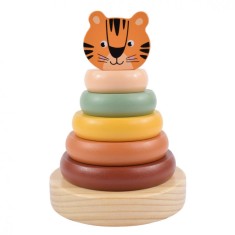 Jucarie Montessori educativa si interactiva, piramida turn de constructie sau stivuit din lemn cu 5 inele, model tigru, NippleBaby