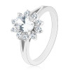 Inel lucios de culoare argintie, floare din zirconiu oval de culoare transparentă - Marime inel: 54