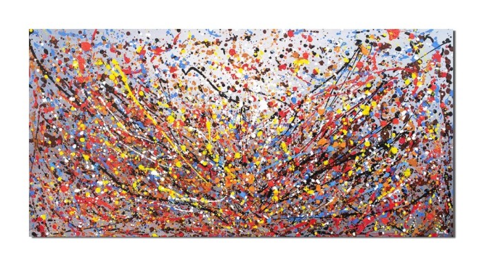 Tablou gigant pictat manual birou, living, Compozitie abstracta, 140x70cm ulei pe panza, reproducere Jackson Pollock