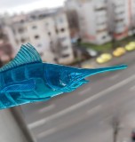 Swizzle stick Peste spada, bat cocktail vintage plastic albastru transparent 1968 U.S.A. original America stanta, intact fara defecte / lipituri Q