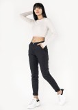 Cumpara ieftin Pantaloni Chino Dama Nina Carter Negri, Talie Inalta, Conici, Bumbac Elastic