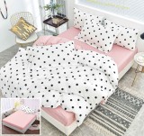 Cumpara ieftin Lenjerie Pat Bumbac 4 Piese cu Elastic, Alb/Roz, 180x200 cm