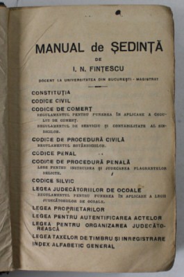 MANUAL DE SEDINTA de I. N. FINTESCU , EDITIE INTERBELICA , FORMAT REDUS foto