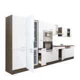 Mobilier de bucătărie Yorki 430, cu corp din stejar Yorki, fațade albe cu finisaj satinat, cu frigider cu congelator &icirc;n partea de jos, fără blat de lu