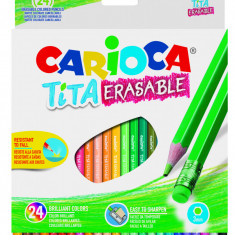 Creioane Colorate Carioca Tita Erasable, Hexagonale, Flexibile, Erasable, 24 Culori/cutie, Cu Guma