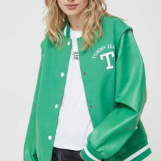 Tommy Jeans jacheta bomber din amestec de lana culoarea verde, de tranzitie