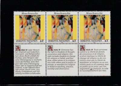 Natiunile Unite Vienna 1991-Drepturile omului Art.18,dant,MNH,Mi.124Zf1-124Zf3 foto