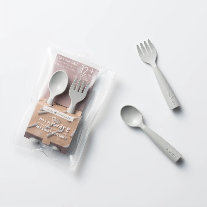 Set de tacamuri bebelusi miniware my first cutlery, 100% din materiale naturale biodegradabile, dove grey