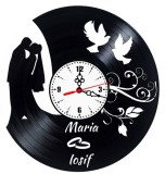 Ceas de Perete Personalizat Nunta, Disc Vinil Manual, Model Maria Iosif, Verighete, Porumbei, Negru, 30 cm