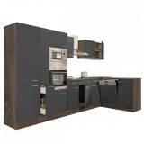 Mobilier de bucătărie de colț Yorki 370, cu corp din stejar Yorki, fațadă antracit cu finisaj satinat și dulap cu rafturi, fără blat de lucru