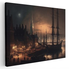 Tablou port noaptea creat prin inteligenta artificiala 1459 Tablou canvas pe panza CU RAMA 20x30 cm