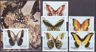 Sharjah 1972 fauna fluturi MI 1018-1020 + bl.118 MNH foto