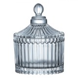 Bombonieră Sticlă Transparente, Model Dungi &Icirc;n Relief, Capac Cu M&acirc;ner, Capacitate 100ml, Diametru 6.5cm, &Icirc;nălțime 10cm, Oem