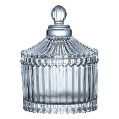 Bombonieră Sticlă Transparente, Model Dungi &amp;Icirc;n Relief, Capac Cu M&amp;acirc;ner, Capacitate 100ml, Diametru 6.5cm, &amp;Icirc;nălțime 10cm foto