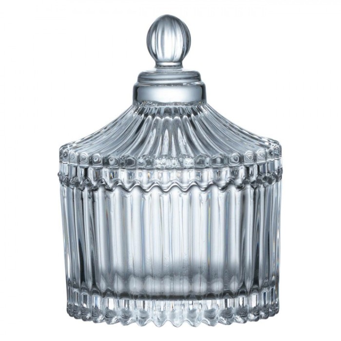 Bombonieră Sticlă Transparente, Model Dungi &Icirc;n Relief, Capac Cu M&acirc;ner, Capacitate 100ml, Diametru 6.5cm, &Icirc;nălțime 10cm