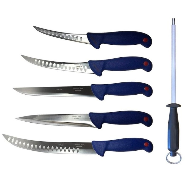 Pachet profesional pentru macelarie, dezosat, injunghiat, transat, filetat, 5 cutite, masat pentru ascutit