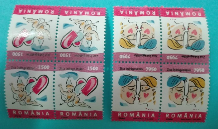 TIMBRE ROMANIA 2000 L.P.1503 a:b ZIUA INDRAGOSTITILOR BL. DE 4 + EROARE L.P. MNH