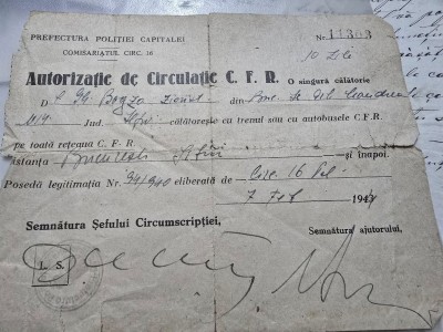 Autorizație de circulație CFR din 1944 pe numele lui Geo Bogza foto
