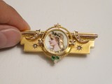 BROSA AUR 14K + 14 Perle + 2 Smaralde + Email - Pictata - Art deco - Vintage !