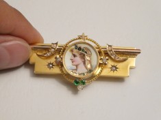BROSA AUR 14K - Victoriana + Perle + Smaralde + Email - Art deco - Vintage ! foto