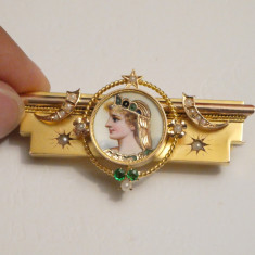 BROSA AUR 14K + 14 Perle + 2 Smaralde + Email - Pictata - Art deco - Vintage !