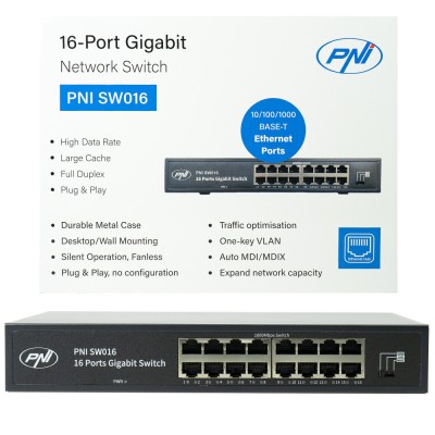 Resigilat : Switch PNI SW016, 16 x 10/100/1000 Mbps, Gigabit, carcasa metalica, fa foto