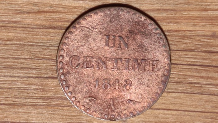 Franta - moneda de colectie rara - 1 centime 1848 A - curatata, stare f buna !
