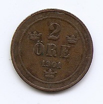 Suedia 2 Ore 1901 - Oscar II (litere mari) Bronz, 21 mm KM-746 foto