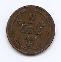 Suedia 2 Ore 1901 - Oscar II (litere mari) Bronz, 21 mm KM-746
