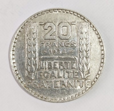 FRANTA 20 FRANCI 1934 ARGINT XF AUNC foto