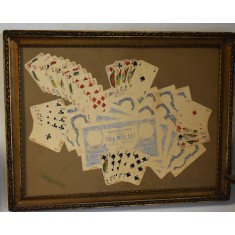 Jocul de poker - lucrare grafica din perioada interbelica, pictata manual c.1920