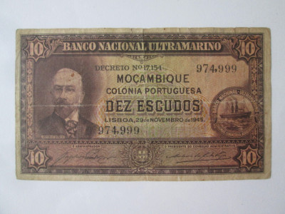 Rara! Mozambic 10 Escudos 1945 seria 974,999 foto