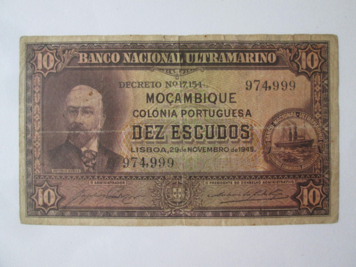 Rara! Mozambic 10 Escudos 1945 seria 974,999