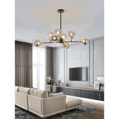 Candelabru cu 8 globuri de sticla fumurie, dulie E27, culoare corp negru cu auriu, diametru 90cm