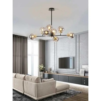 Candelabru cu 8 globuri de sticla fumurie, dulie E27, culoare corp negru cu auriu, diametru 90cm foto