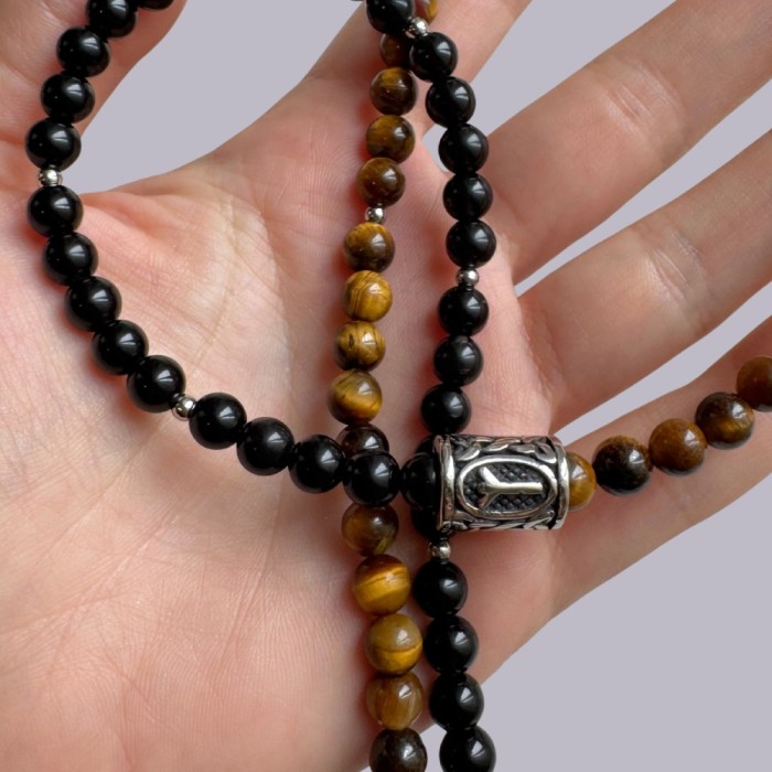 Colier barbati ochi de tigru, obsidian si pandativ Rune Vikinge - Algiz